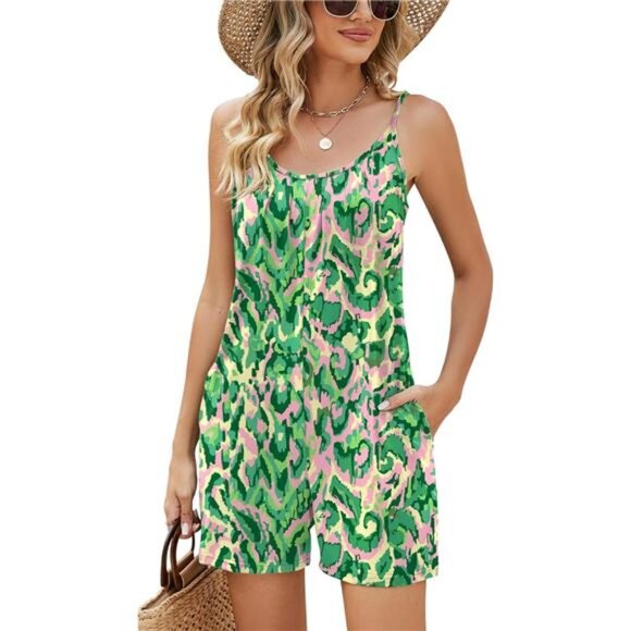 Womens Casual Summer Sleeveless Shorts Jumpsuits Green Tie Dye - Picture 1 of 2
